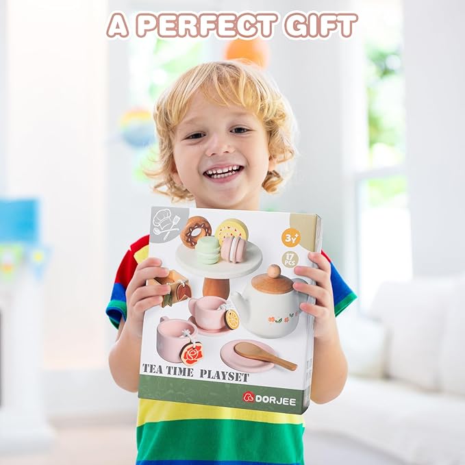 Dorjee Wooden Tea Set for Little Girls, Wooden Toys Toddler Tea Set Play Kitchen Accessories for Kids Tea Party with Play Food for Kid Age 3+ Gift