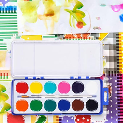 12 Colors Watercolor Paint Set for Kids, 24 Pack Washable Water Colors for Party Favors, Gifts, Classroom Supplies (Wood Brushes Included)