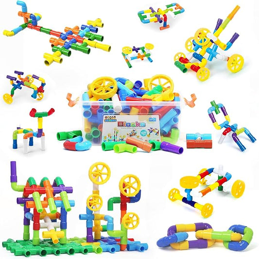 STEM Building Toy for Toddlers 106Pieces Tube Pipe Toy,Educational Preschool Game for 3+ Years,Learning Building Blocks Play with Storage Box Gift Kit,Montessori Toys for Boys & Girls