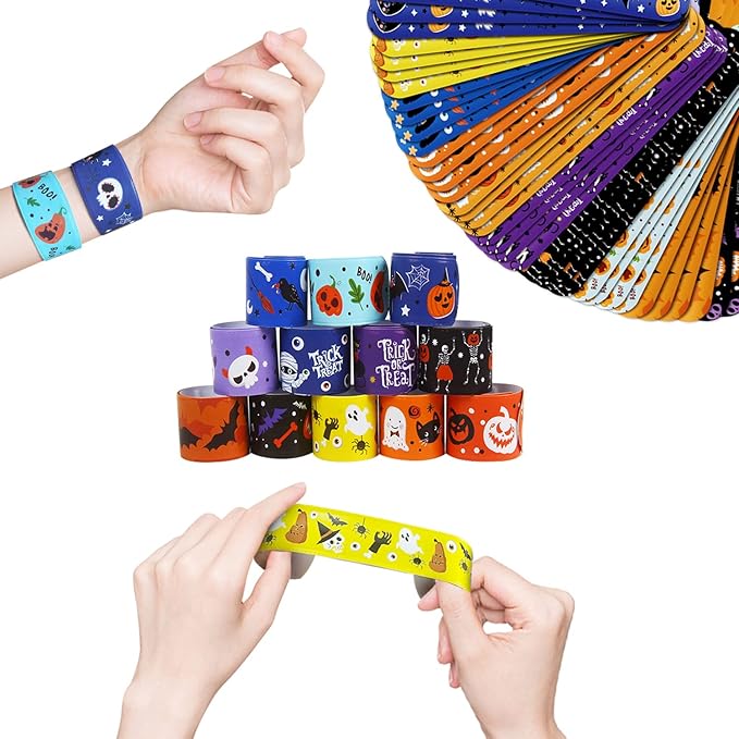 CCINEE 48pcs Halloween Slap Bracelets,Kids Snap Bracelet Wristbands with Assorted Bulk Pumpkin Zombie Skull Ghost Witches for Trick or Treat Gift Bag Filler Party Favors Toy Supplies