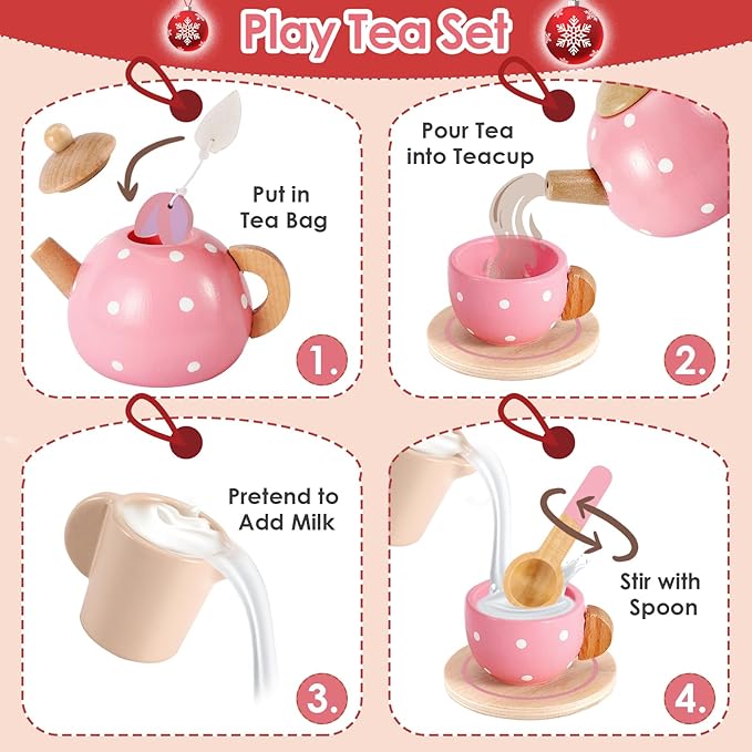 BUYGER Pretend Play Princess Tea Party Set for 3 4 5 6 + Year Old Wooden Kitchen Play Food Accessories Sets Gifts for Toddler Little Girls Boys Age 3-5