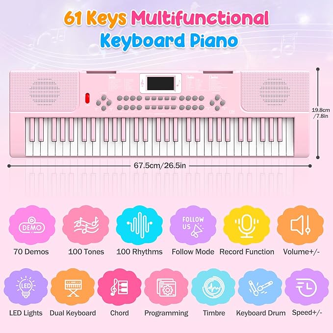 Piano Keyboard, 61 Key Upgrade Kids Pianos Music Toy with Light-up Keys & Pro Teaching Modes, Dual Speaker, 70 Demos,100 Tones, 100 Rhythms Perfect Christmas/Birthday Gift for Kids (Pink)