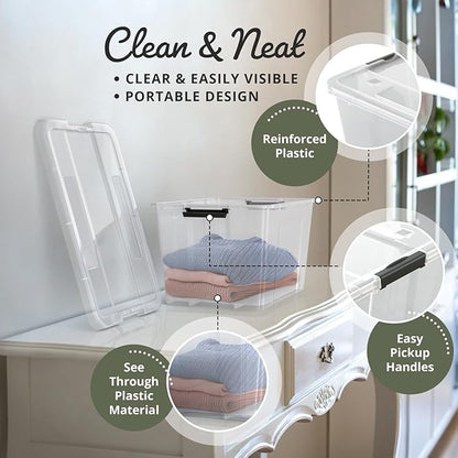 Lifetime Appliance Parts 6 PACK 34 Qt. Plastic Storage Bin Tote Organizing Container with Ultra Durable Lid & Secure Latching Buckles Stackable Extra Strength Clear w/Black Handle