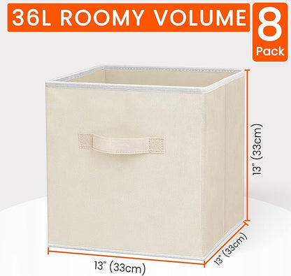 Criusia Large Storage Cubes - 13 Inch Heavy Duty Fabric Storage Bins for Shelves Closet, Cube Organizer - 8 Pack Collapsible Cube Storage Bins Baskets for Organizing Clothes Blankets Toys (Beige)