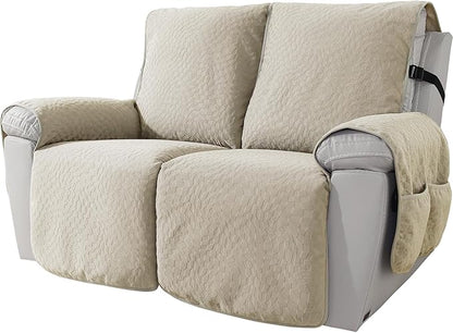 SYSLOON Water Resistant Loveseat Recliner Chair Cover 2 Piceces,Heavy Duty Non Slip Recliner Chair Cover, Washable Recliner Chair Cover, Living Room Recliner Cover with Pocket for Kids,Pets,Beige