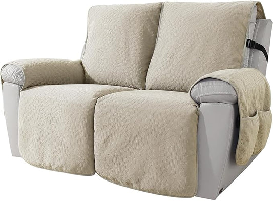 SYSLOON Water Resistant Loveseat Recliner Chair Cover 2 Piceces,Heavy Duty Non Slip Recliner Chair Cover, Washable Recliner Chair Cover, Living Room Recliner Cover with Pocket for Kids,Pets,Beige