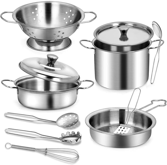 12Pcs Kids Pots and Pans Playset, Pretend Play Kitchen Set Toy Stainless Steel Pots and Pans Cooking Toys Accessories for Kids Toddler Age 3 Years Old