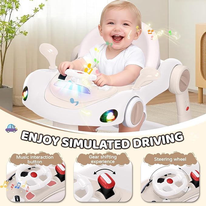 Baby Walker with Wheels, 5-in-1 Foldable Infant Toddler Walker for Boys Girls 6-18 Month, Music Walker for Baby with Car Steering Wheel &Removable Footrest,Baby Push Walker Beige