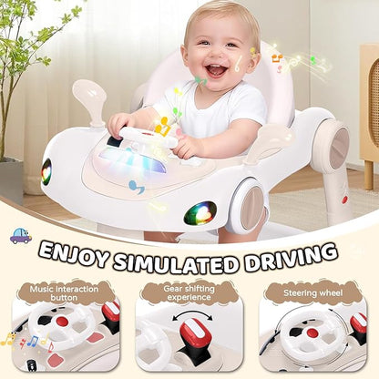 Baby Walker with Wheels, 5-in-1 Foldable Infant Toddler Walker for Boys Girls 6-18 Month, Music Walker for Baby with Car Steering Wheel &Removable Footrest,Baby Push Walker Beige