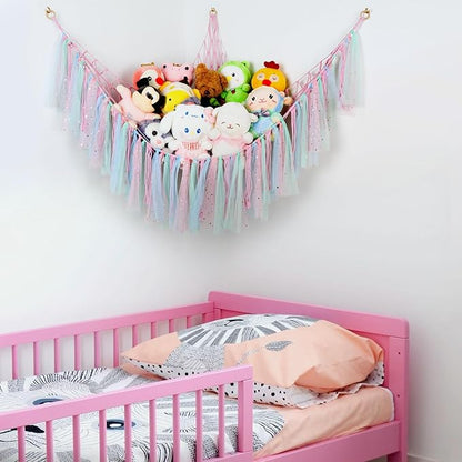Stuffed Animal Hammock with LED Lights - 59 Inch Large Toy Storage Net for Kids Bedroom, Wall-Mounted Plush Organizer with Wooden Rings, Nursery Decor (Handwoven, Pink)