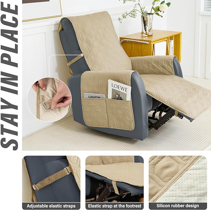 Recliner Chair Cover Sofa Slipcover Non-Slip Chair Couch Cover Machine Washable Furniture Protector with Straps for Dogs(Beige, 23inch Recliner)
