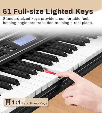61 Key Piano Keyboard for Beginner, Lighted Keys with LCD Display, 600 Tones, 400 Rhythms, 50 Demos, 2 Teaching Modes, Headphones, Music Rest, Microphone, Sustain pedal