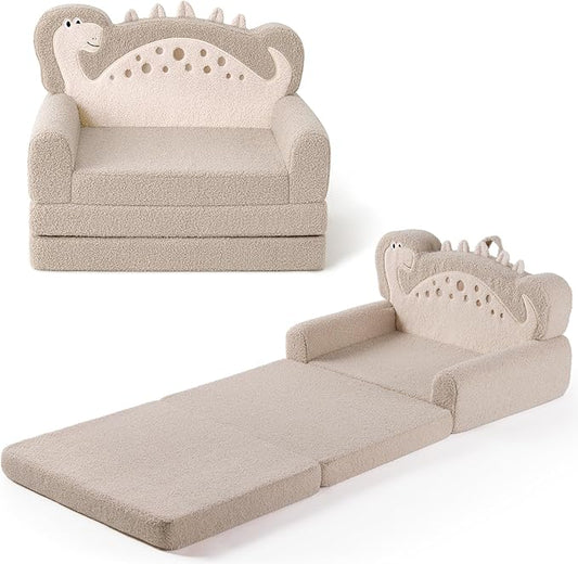 Blissful Diary Kids Couch, 2-in-1 Soft Toddler Couch Fold Out, Toddler Chair Comfy, Convertible Sofa to Lounger with Cute Dinosaur Designs, Pale Khaki