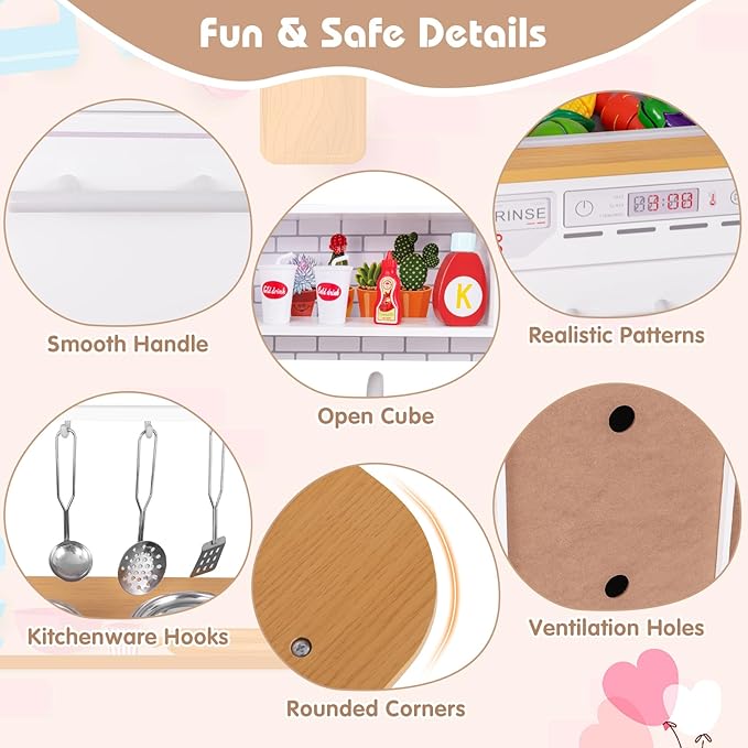 Costzon Play Kitchen for Kids, Wooden Toy Kitchen Set with Blackboard, Faucet, Sink, Oven, Microwave, Dishwasher, Accessories, Pretend Cooking Toy for Toddlers, Kids Kitchen Playset, Gift for Ages 3+