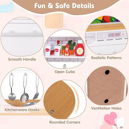 Costzon Play Kitchen for Kids, Wooden Toy Kitchen Set with Blackboard, Faucet, Sink, Oven, Microwave, Dishwasher, Accessories, Pretend Cooking Toy for Toddlers, Kids Kitchen Playset, Gift for Ages 3+