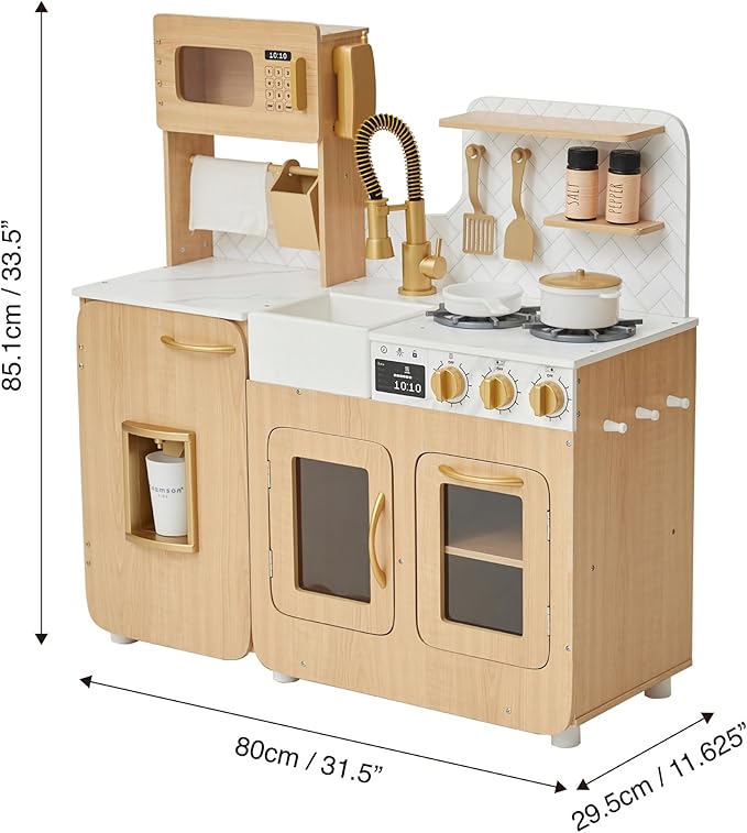Teamson Kids Little Chef Cyprus Medium Wooden Play Kitchen with Interactive, Realistic Features, and 14 Kitchen Accessories for 3yrs and up, Light Oak/Faux White Marble/Gold