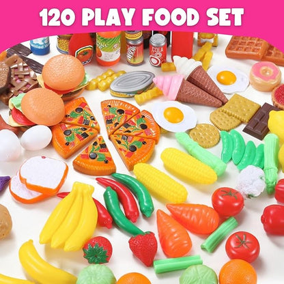 120 PCS Pretend Play Food Toys for Kids Play Kitchen - BPA-Free Mini Kitchen Accessories and Plastic Fake Food Toys with Veggies, Fruits, Pizza - Imaginative Play Set for Toddlers, Boys, Girls
