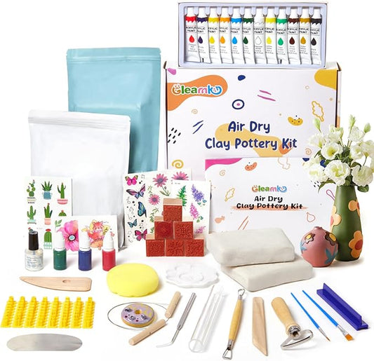 Air Dry Clay for Adults - Pottery kit for Beginner, Air Dry Clay w/Air Dy Clay Tools,White Dry Clay,Sculpting Tools, Gloss Varnish,DIY Plate Making Kit for Valentines Day Gifts, Couples Date Night