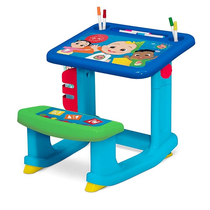 CoComelon Draw and Play Desk by Delta Children – Includes 10 Markers and Coloring Book, Blue