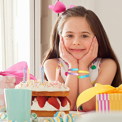 CCINEE 24 PCS Happy Birthday Silicone Bracelets, Colored Silica Rubber Stretch Wristbands for Kids Teenagers Birthday Party Supplies,4 Styles