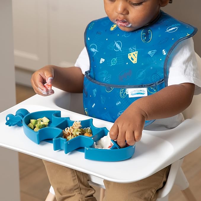 Bumkins Toddler and Baby Suction Plate, Silicone Grip Dish, Babies and Kids, Baby Led Weaning, Children Feeding Supplies, Non Skid Sticky Bottom, Platinum Silicone, Ages 6 Months Up, Batman Blue