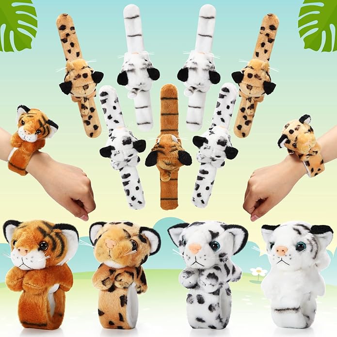 Lenwen 8 Pcs Stuffed Animal Slap Bracelets for Kids Plush Animals Slap Bracelets Bulk Cute Tiger Giraffe Turtle Koala Bracelets Wrist Animals for Girls Boys Valentine's Day Party