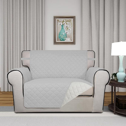 PureFit Reversible Quilted Sofa Cover, Water Resistant Slipcover Furniture Protector, Washable Couch Cover with Non Slip and Elastic Straps for Kids, Dogs, Pets (Oversized Chair, Light Gray/Ivory)