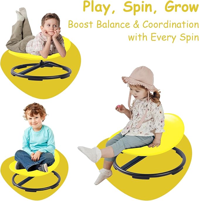 Kids Sensory Swivel Chair - Round Spinning Chair Seat for Balance, Coordination - Sensory Therapy Stool for Kids with Autism & ADHD - Active Indoor Play Chair for Home & Classroom (Yellow)