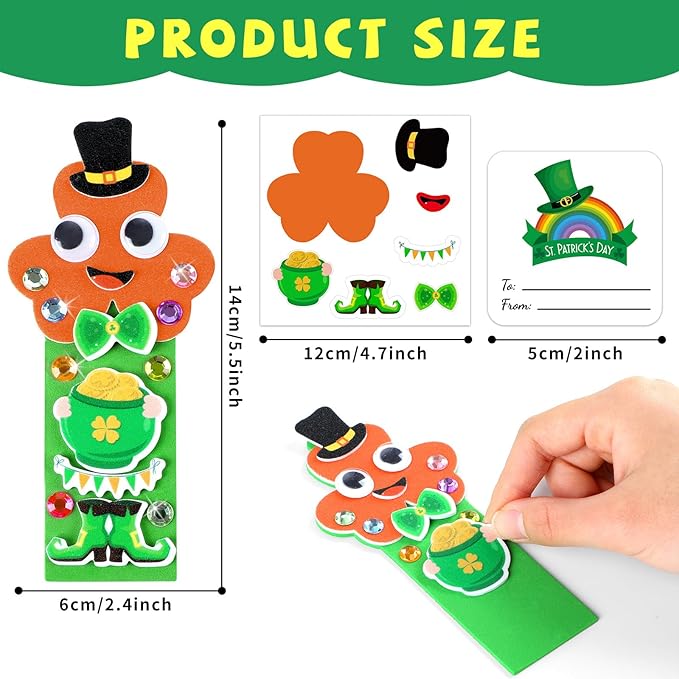 Qyeahkj 32 Sets St. Patrick's Day Shamrock Foam Craft for Kids St. Patrick's Day Bookmark Craft DIY Shamrock Craft Kit for Crafts for School Home Activities Party Favor Decorations
