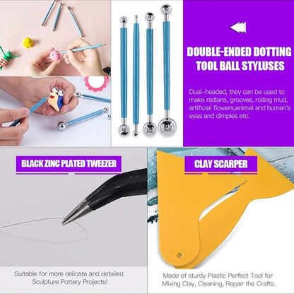 Swpeet 24Pcs Modeling Clay Sculpting Tools Kits, Painting Brush, Dual-Ended Design Pottery Tools, Ball Stylus Tool, Plastic Ball Rod Stylus Modeling Tools, Clay Roller, Clay Scarper for Modeling Clay