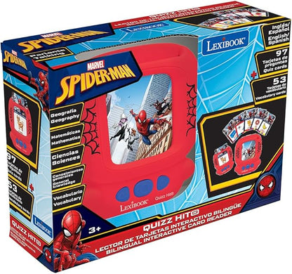 LEXiBOOK, Spiderman, Bilingual Interactive Card Reader, Spanish/English, 150 Double-Sided Educational Cards, Educational Quiz & flashcard Machine, Red/Blue, JCR10SPi2