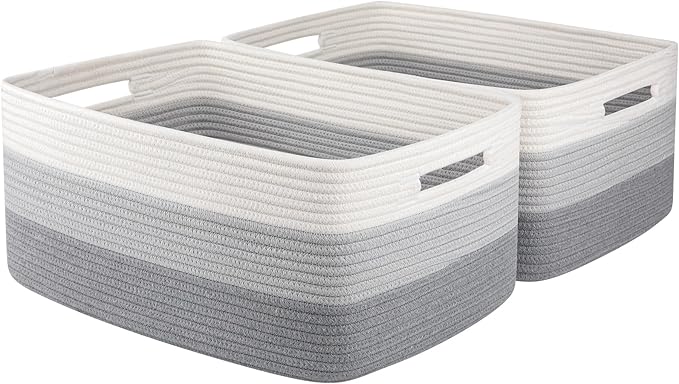 OIASKET Large Storage Basket for Organizing, Woven Rope Basket for Shelves, Closet Organizer Bins for Clothes, Blanket, Toys, Baby Nursery Storage, 17.7" x 13" x 7.87", 2 Packs Gradient Grey