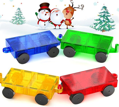 Magnetic Tiles Cars Construction Set, 4 PCS Magnetic Cars Magnetic Building Blocks Cars Toy for Kids Ages 4-8 3-5 Magnet Bricks Truck Kit Educational Sensory Toys Gifts for 3+ Year Old Boys & Girls