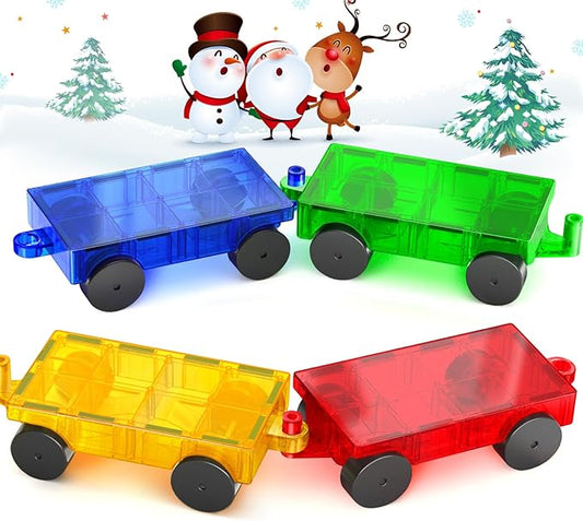 Magnetic Tiles Cars Construction Set, 4 PCS Magnetic Cars Magnetic Building Blocks Cars Toy for Kids Ages 4-8 3-5 Magnet Bricks Truck Kit Educational Sensory Toys Gifts for 3+ Year Old Boys & Girls