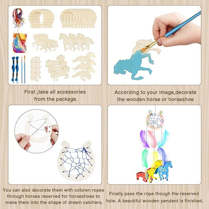 Fennoral 30 Pack Wooden Horse Craft for Kids Unfinished Wooden Cutouts Horse Horseshoes for Girls Boys Paint You Own Horse Dream Catcher Craft for Kids DIY Art Activity Party Favors Decoration