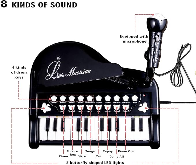 Love&Mini Toddler Piano - 24 Keys Black Baby Piano Toys with Microphone, Birthday Gifts for 3+ Year Old Girls and Boys