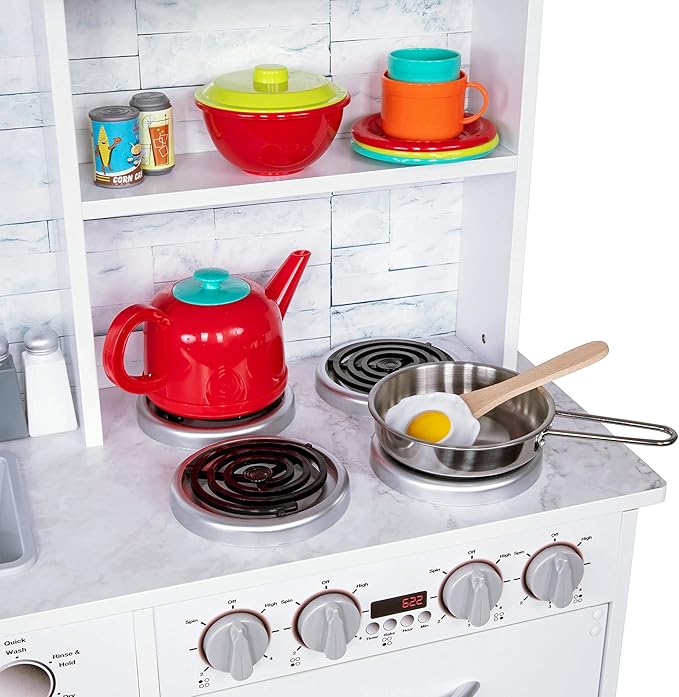 Lil' Jumbl Kids Kitchen Set, Pretend Wooden Play Kitchen, Battery Operated Icemaker & Microwave with Realistic Sound, Pots & Pan Included - White