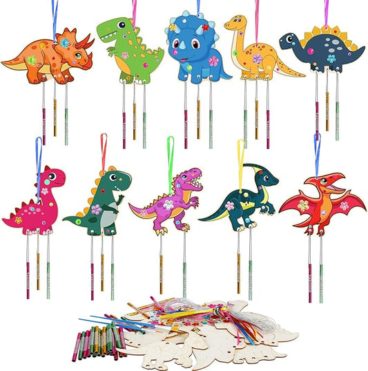 Fennoral 10 Pack Dinosaur Wind Chime Kit for Kids Make Your Own Dinosaur Wind Chime Wooden Arts and Crafts for Girls Boys DIY Coloring Art Activity for Dinosuar Themed Birthday Party Decoration