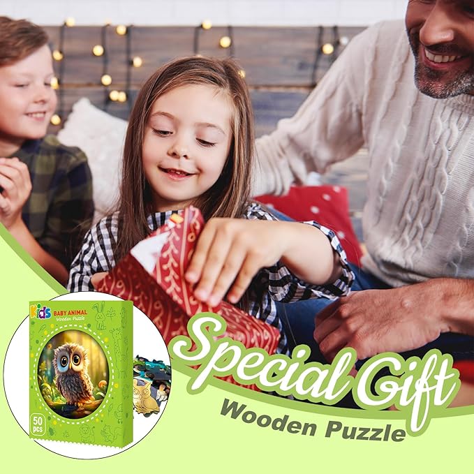 Wooden Jigsaw Puzzles for Kids Ages 4-6, 50 Piece Unique Shape Animal Theme Puzzle - Preschool Learning Educational Toys for Kids 3+, Valentines Day Birthday Easter Gifts for Kids Girls Boys (owl)