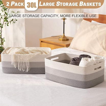 OIASKET Large Storage Basket for Organizing, Woven Rope Basket for Shelves, Closet Organizer Bins for Clothes, Blanket, Toys, Baby Nursery Storage, 17.7" x 13" x 7.87", 3 Packs Gradient Grey