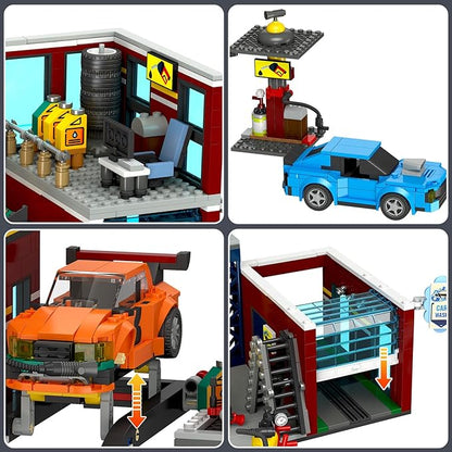 HOGOKIDS City Car Garage Building Set, 1022 PCS 3 IN 1 Auto Repair Shop, Gas Station, Car Wash Building Block with 2 Custom Cars Pretend Play Mechanic Toy Birthday Gift for 8-14+ Boys Teens Girls Kids