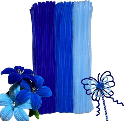 Blue Color Trio Pipe Cleaner Set - 300pcs, Thick Fluffy Chenille Stems for Arts & Crafts, Perfect for Making Animals, Flowers, and Festive Decorations(12 inches x 0.24 inches)