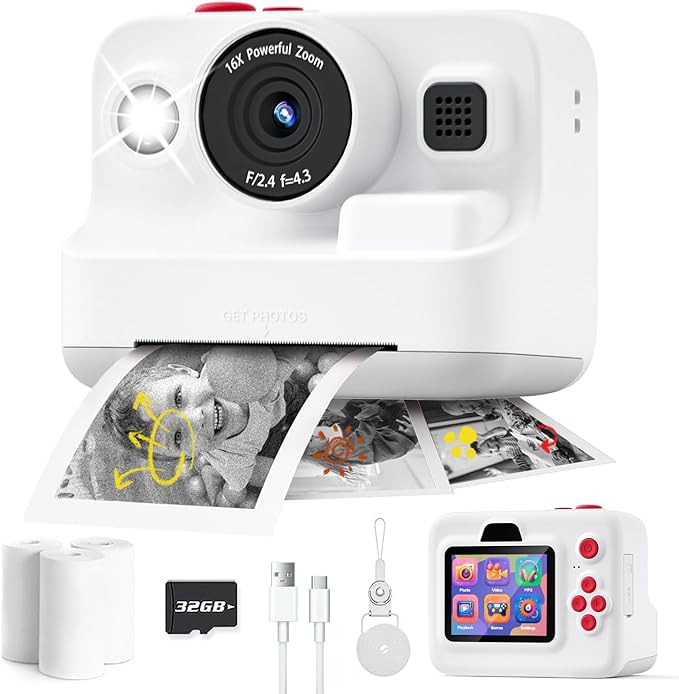 Instant Print Camera for Kids,2.4 Inch Screen Kids Instant Cameras, Christmas Birthday Gifts for Girls Age 3-12, Portable Toddler Toy for 3 4 5 6 7 8 9 10 Year Old Girls Boys White