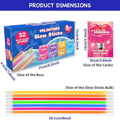 Valentines Day Gifts For Kids, 32 Packs Valentines Glow Sticks Bracelet Valentines Gifts Glow Necklaces for Valentines Day Gifts for Kids School Classroom Exchange Party Favors Supplies