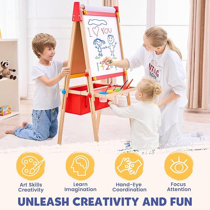 Art Easel for Kids Easel, Adjustable Wooden Kids Drawing Easel with Magnetic Whiteboard & Chalkboard, Kids Dry Erase Board,Easel for Kids Ages 3 4-8 9-12, Red w/Bag