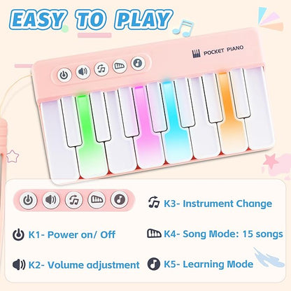 Mini Keyboard Piano Toy, Portable Light Up Pocket Piano for Toddlers Kids (Pink)