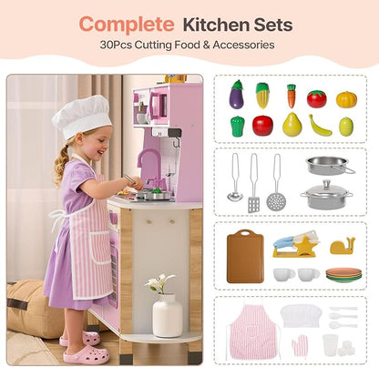BIERUM Play Kitchen, Wooden Kids Kitchen Playset for Toddlers with Real Lights & Sounds, Height Adjustable Toys Kitchen with 30 Pcs Toy Food & Cookware Accessories (Pink)