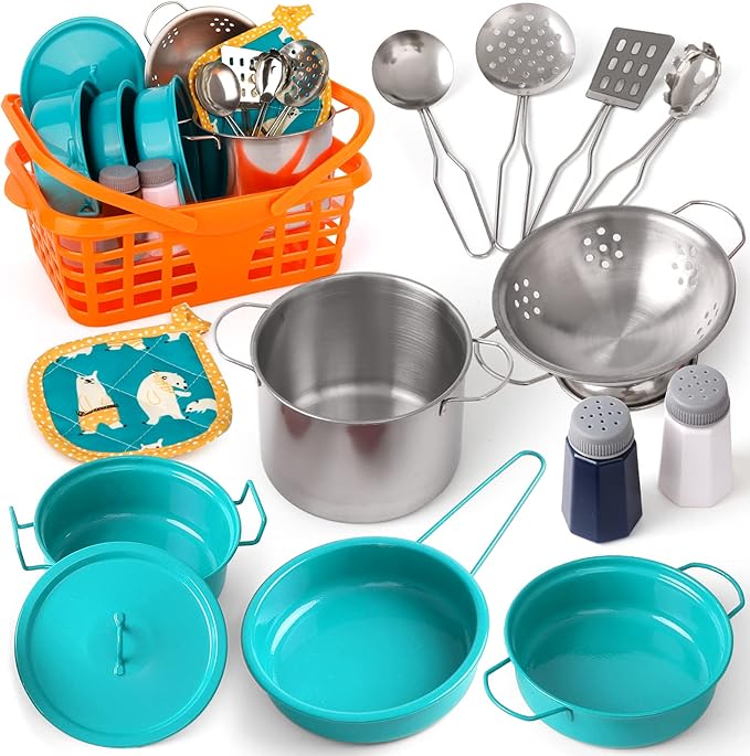 Kids Play Kitchen Toy Accessories Set Toddler Cooking Playset Colorful Stainless Steel Pots and Pans Birthday Gifts for 3+ Girls Boys (Green)