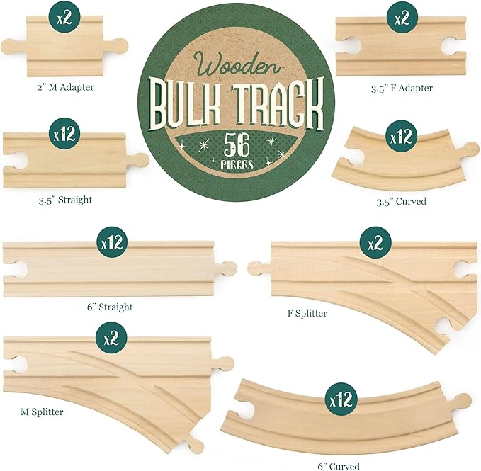 Conductor Carl 56-Piece Bulk Value Wooden Train Track Pack - Compatible with All Major Toy Train Brands
