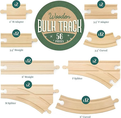 Conductor Carl 56-Piece Bulk Value Wooden Train Track Pack - Compatible with All Major Toy Train Brands